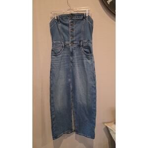 American Eagle Strapless Denim Midi Jumpsuit Blue Button Front Pockets 10